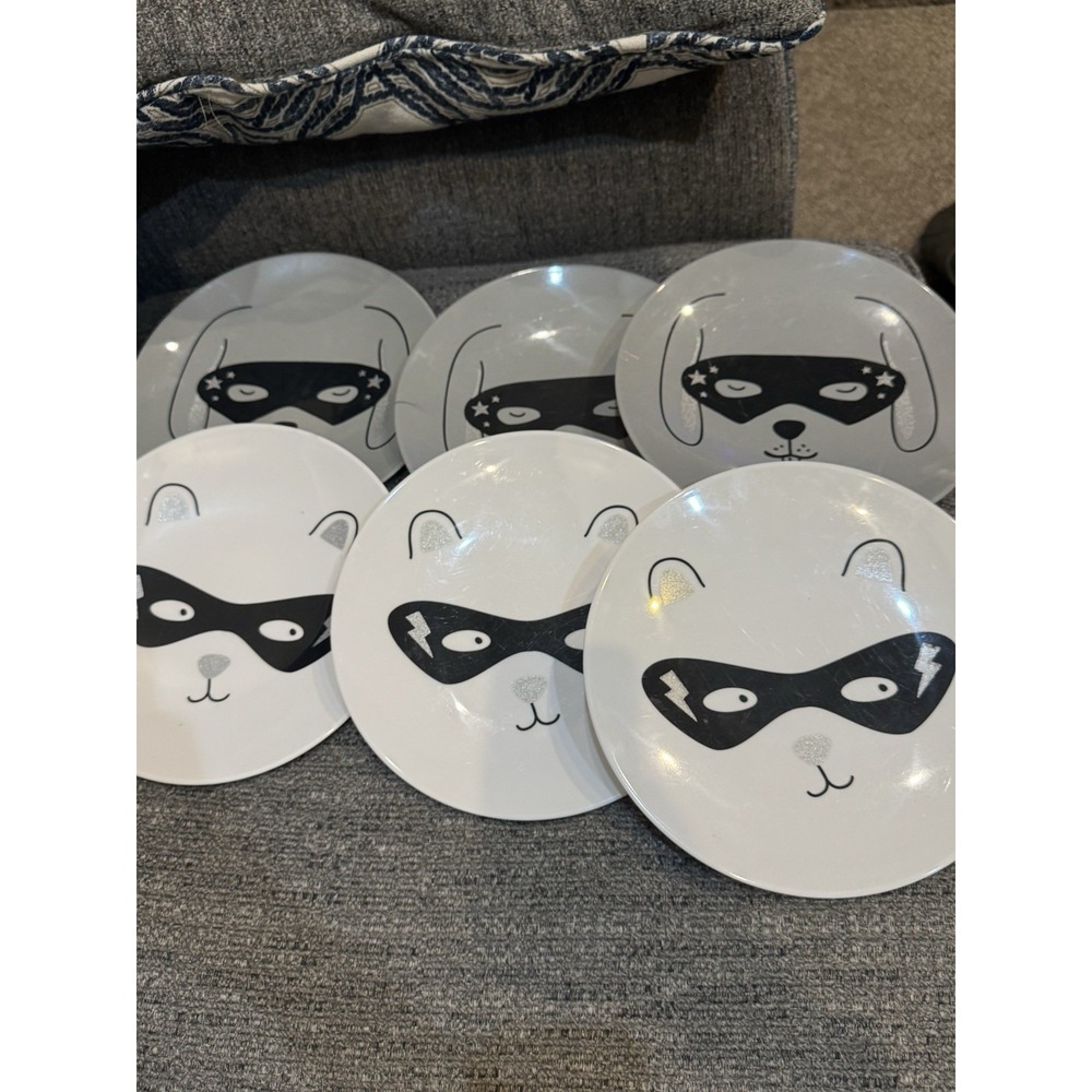 Pottery Barn Kids Glittery Masked Animals‎ Melamine 9" Plates Set of 6